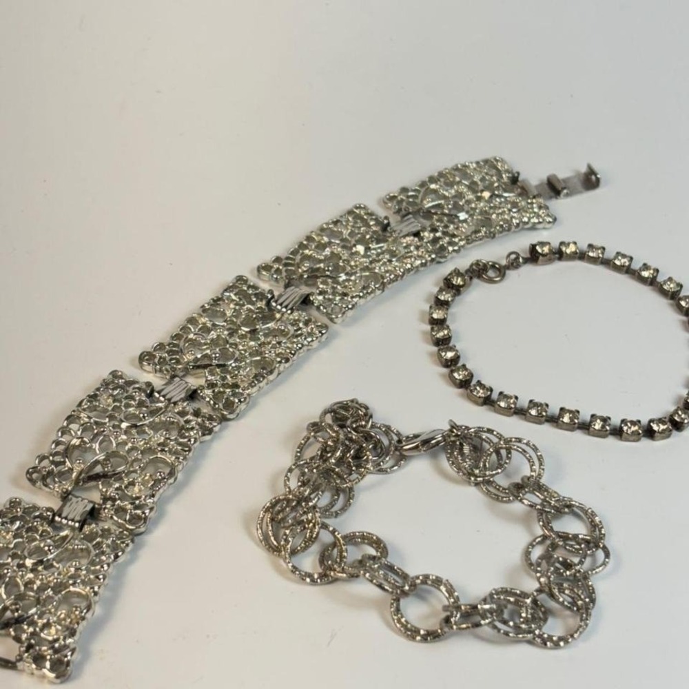 Vintage Bracelet Lot Silver Tone Filigree Rhinestone Chain Link